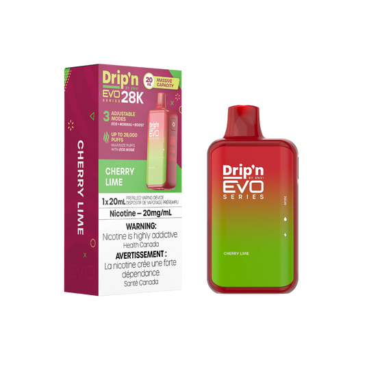 Dripin Evo 28k Puffs Cherry Lime Adjustable Wattage Rechargeable Disposable Vape 20Mg