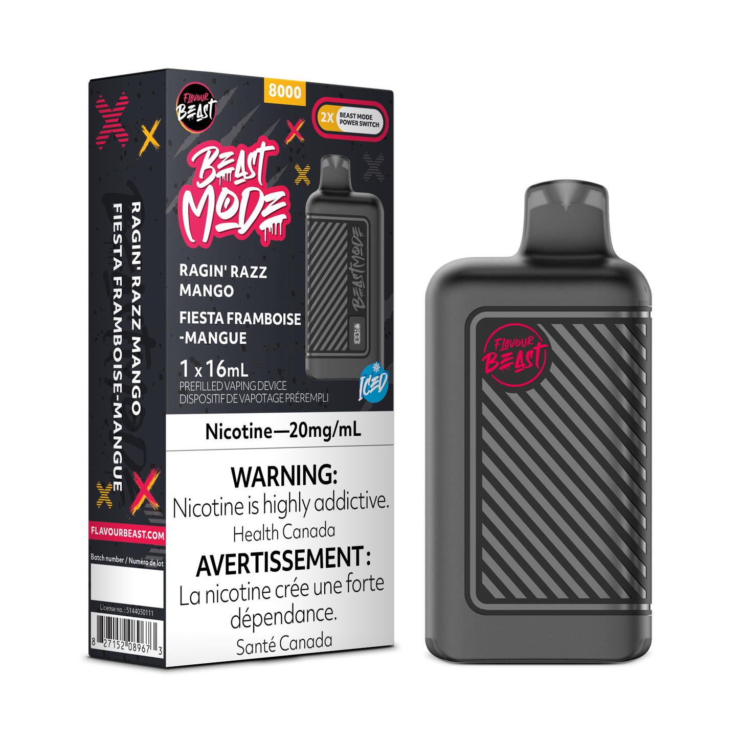 Flavour Beast 8k Beast Mode Ragin Razz Mango Rechargeable Disposable Vape 20Mg