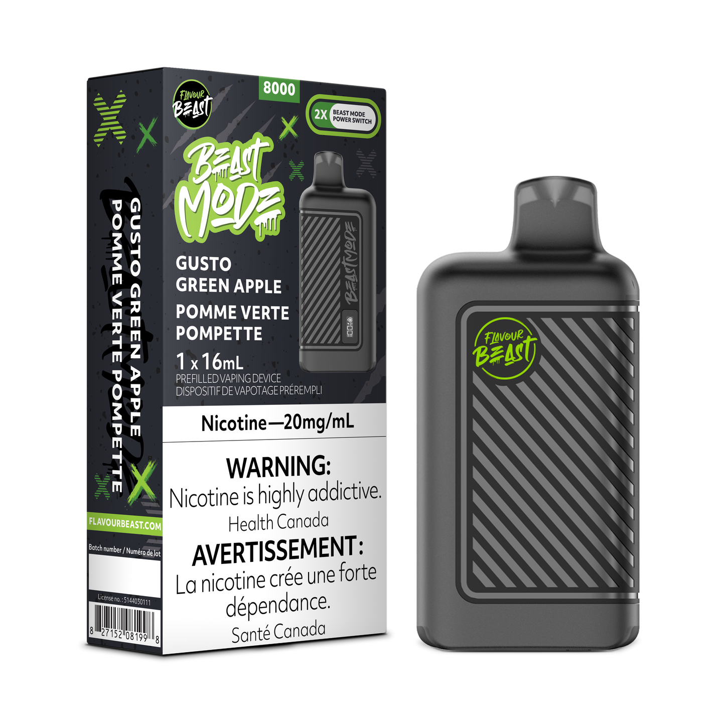 Saveur Beast 8k Beast Mode 8000 Puffs Gusto Green Apple Vape jetable rechargeable à puissance réglable 20 mg