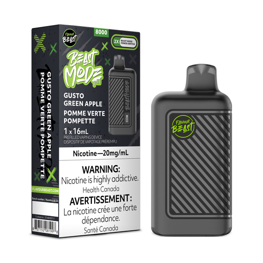 Flavour Beast 8k Beast Mode 8000 Puffs  Gusto Green Apple  Adjustable Wattage  Rechargeable Disposable Vape 20Mg