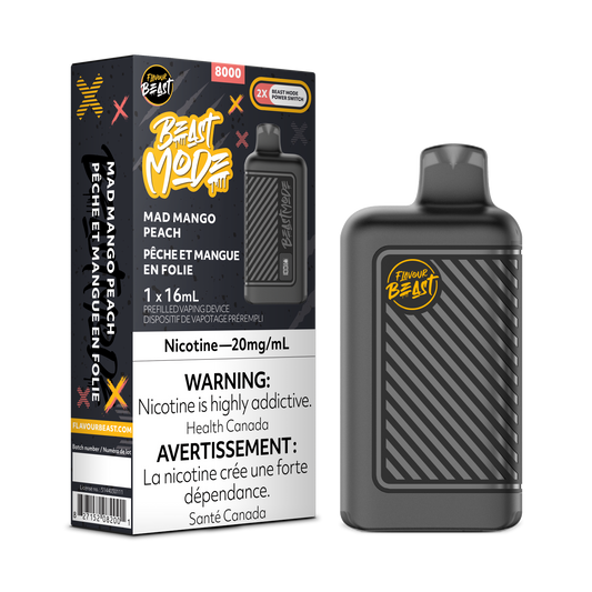 Flavour Beast 8k Beast Mode 8000 Puffs Mad Mango Peach  Adjustable Wattage  Rechargeable Disposable Vape 20Mg