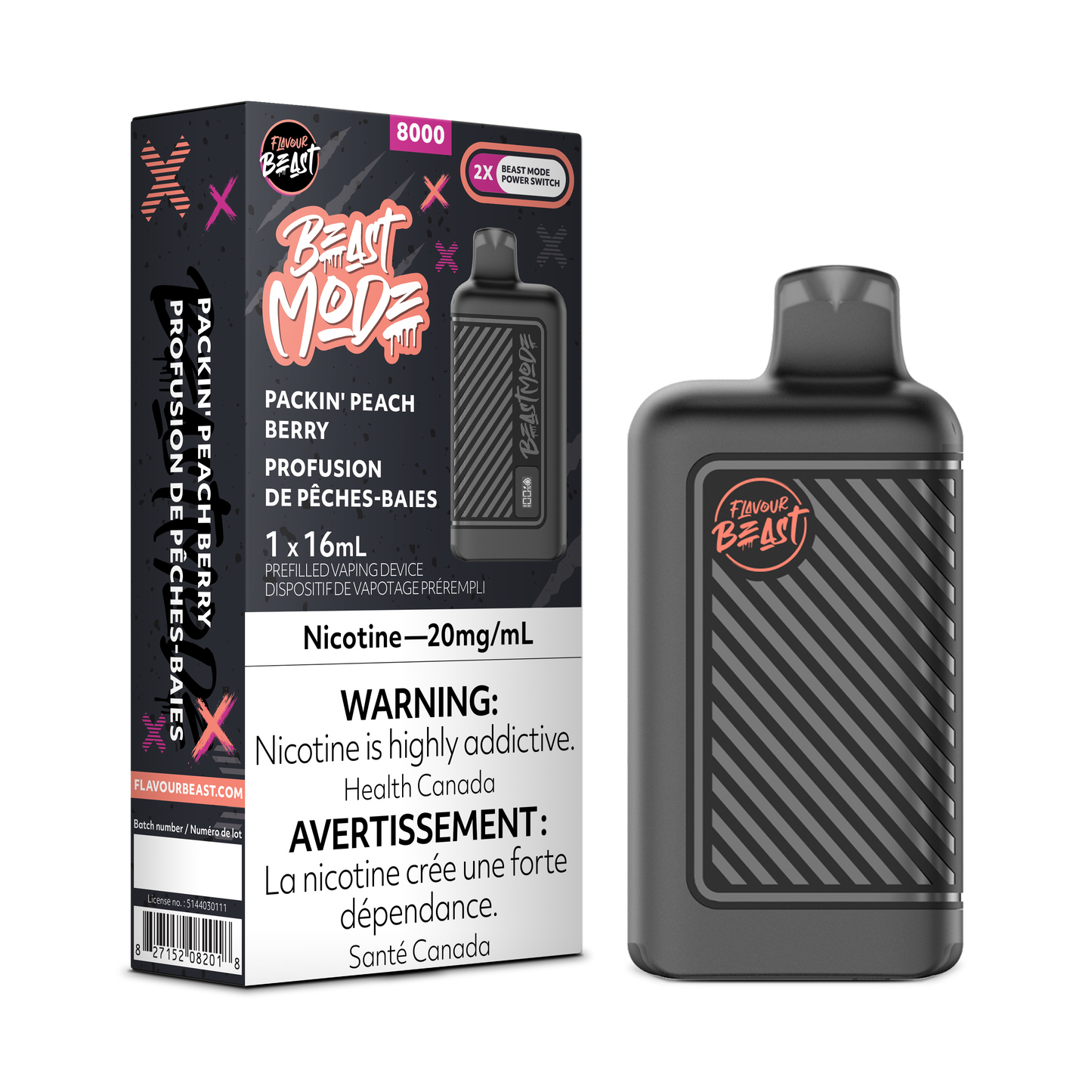 Flavour Beast 8k Beast Mode 8000 Puffs Packin Peach Berry Adjustable Wattage Rechargeable Disposable Vape 20Mg