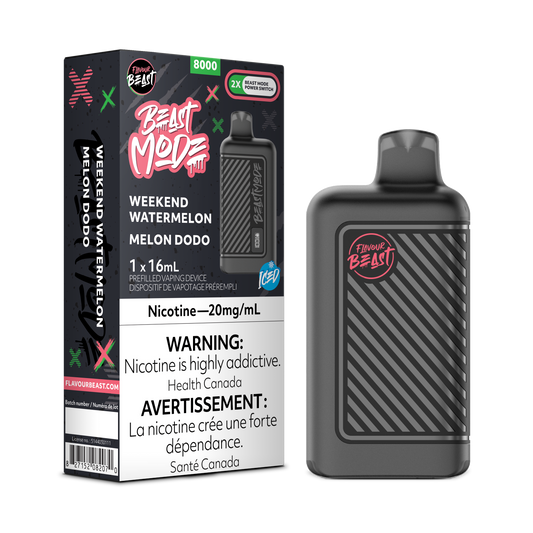 Flavour Beast 8k Beast Mode 8000 Puffs Weekend Watermelon  Adjustable Wattage  Rechargeable Disposable Vape 20Mg