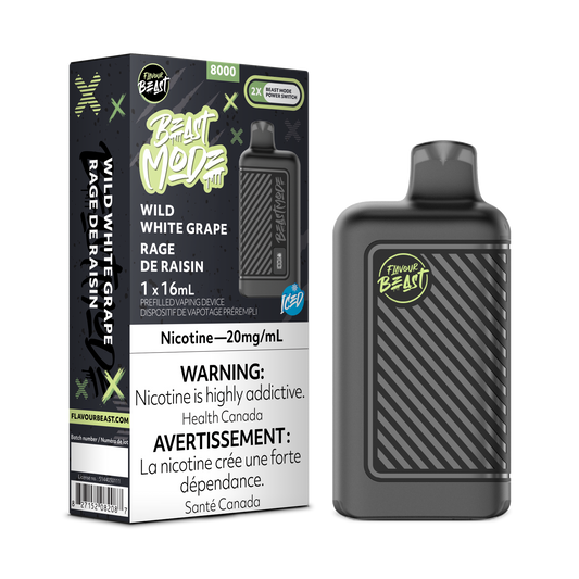 Flavour Beast 8k Beast Mode 8000 Puffs Wild White Grape Adjustable Wattage Rechargeable Disposable Vape 20Mg