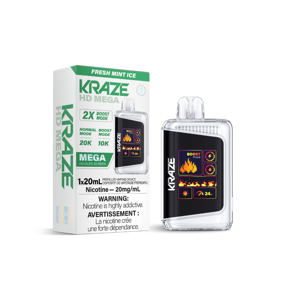 Kraze HD Mega 20K Puffs Fresh Mint Ice Rechargeable Disposable Vape 20Mg