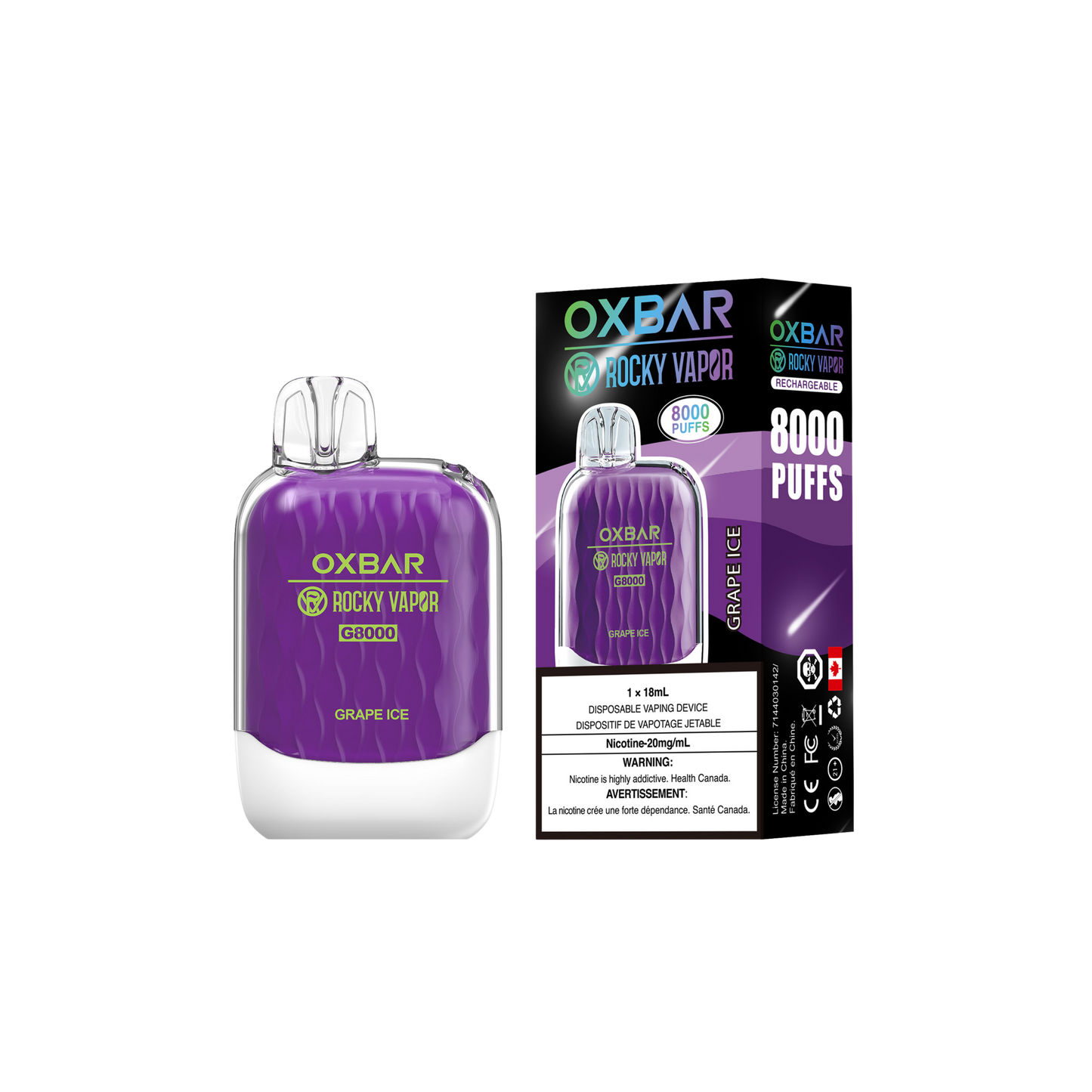 Oxbar Rocky Vapor G 8000 8000 Puffs Grape Ice Rechargeable Disposable Vape 20Mg