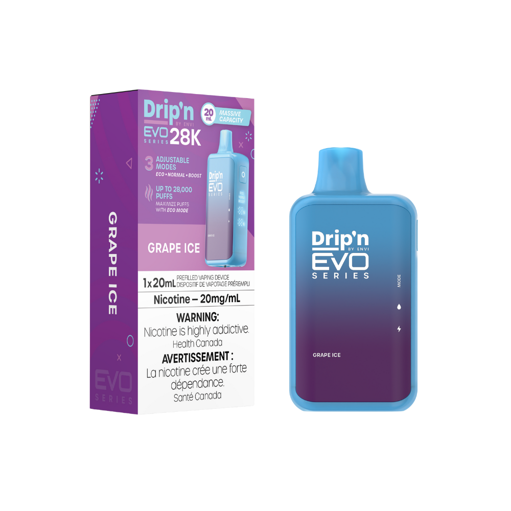 Dripin Evo 28k Puffs Grape Ice Adjustable Wattage Rechargeable Disposable Vape 20Mg