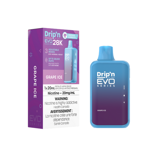 Dripin Evo 28k Puffs Grape Ice Adjustable Wattage Rechargeable Disposable Vape 20Mg