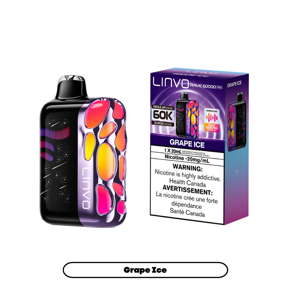 Linvo Rave 60000 Bouffées - Vape Jetable Rechargeable Glace aux raisins 20Mg