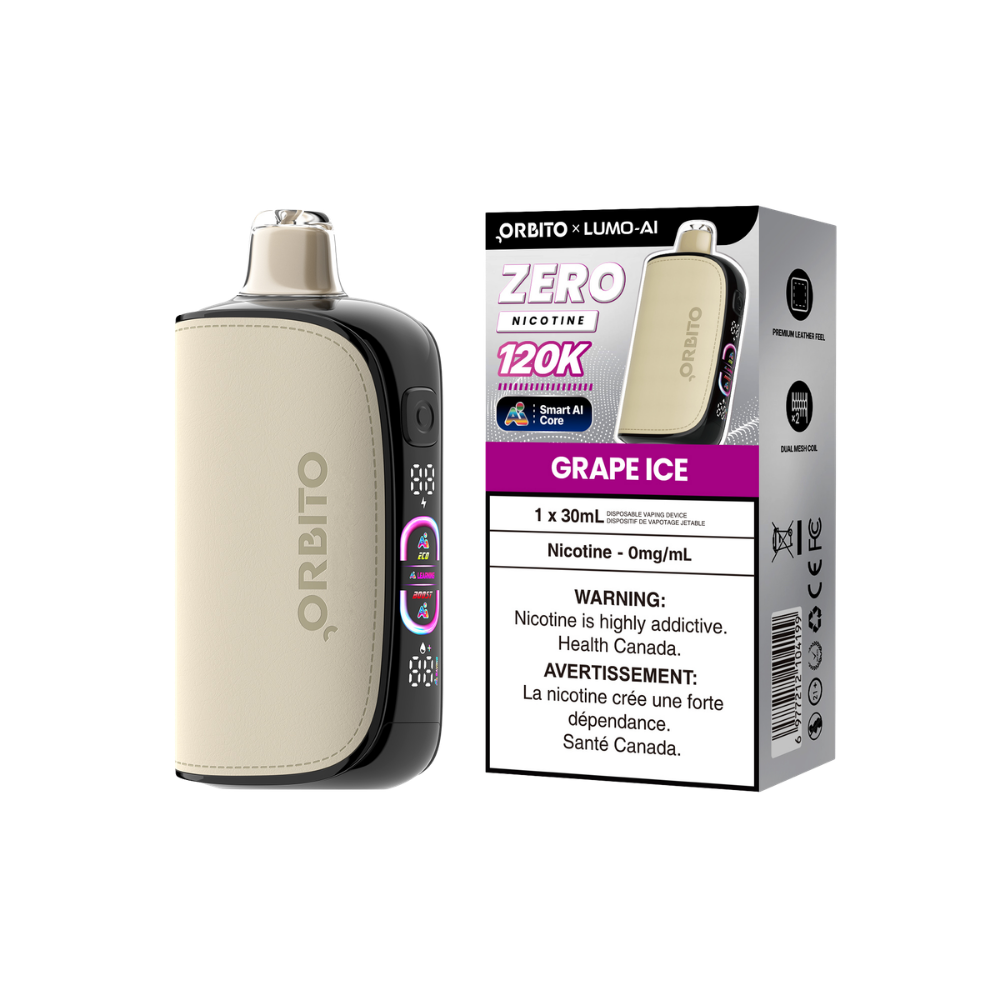 Cigarette électronique jetable rechargeable Orbito Lumo AI 120k bouffées, raisin glacé, 0 mg