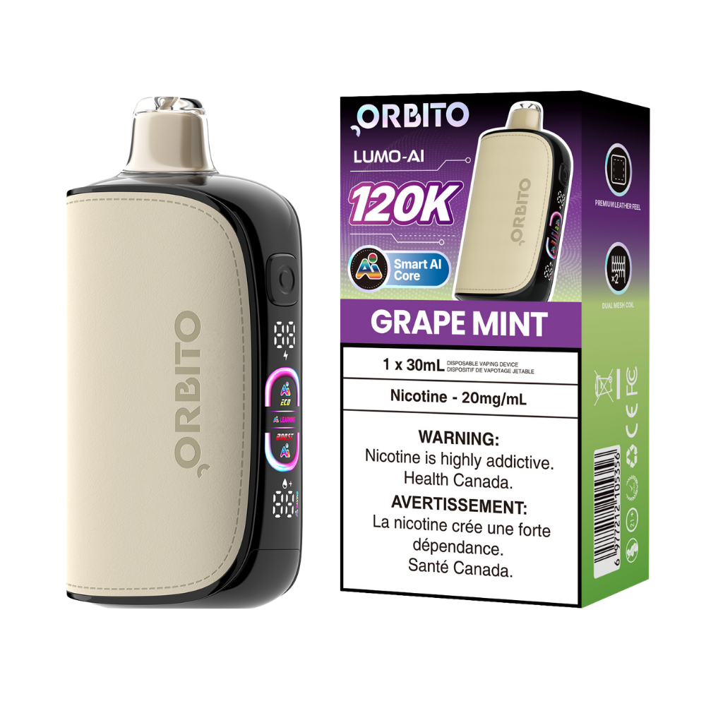 Vape jetable rechargeable Orbito Lumo AI 120k bouffées, raisin menthe, 20 mg