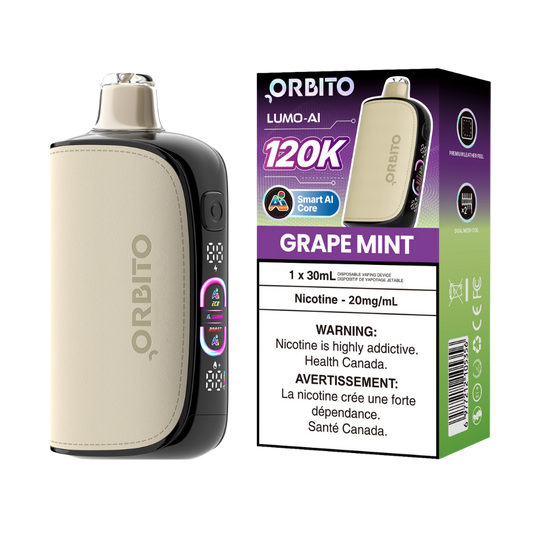 Vape jetable rechargeable Orbito Lumo AI 120k bouffées, raisin menthe, 20 mg