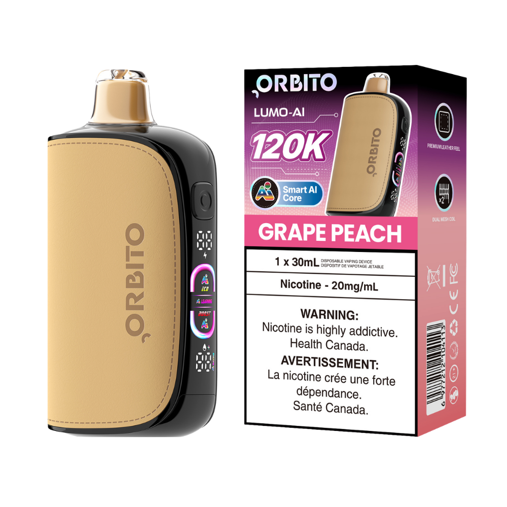 Vape jetable rechargeable Orbito Lumo AI 120k bouffées, raisin-pêche, 20 mg
