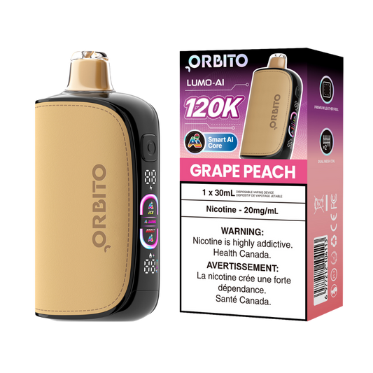 Vape jetable rechargeable Orbito Lumo AI 120k bouffées, raisin-pêche, 20 mg