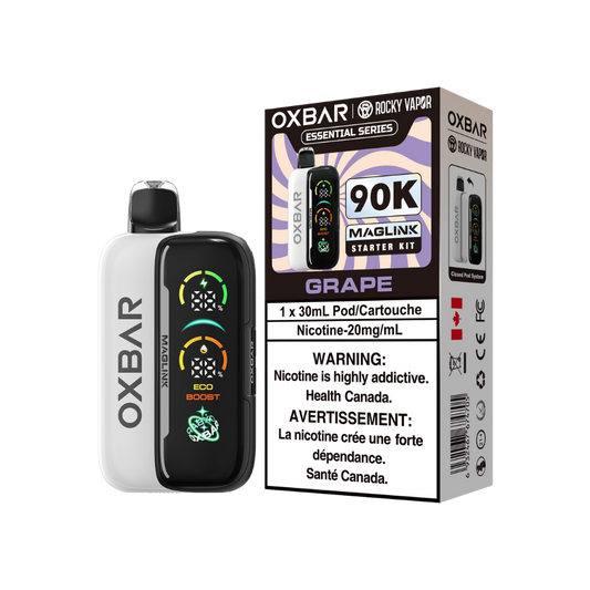 Kit de démarrage Oxbar Rocky Vapor Maglink 90K bouffées - Vape jetable rechargeable / système fermé à pod Raisin 20Mg