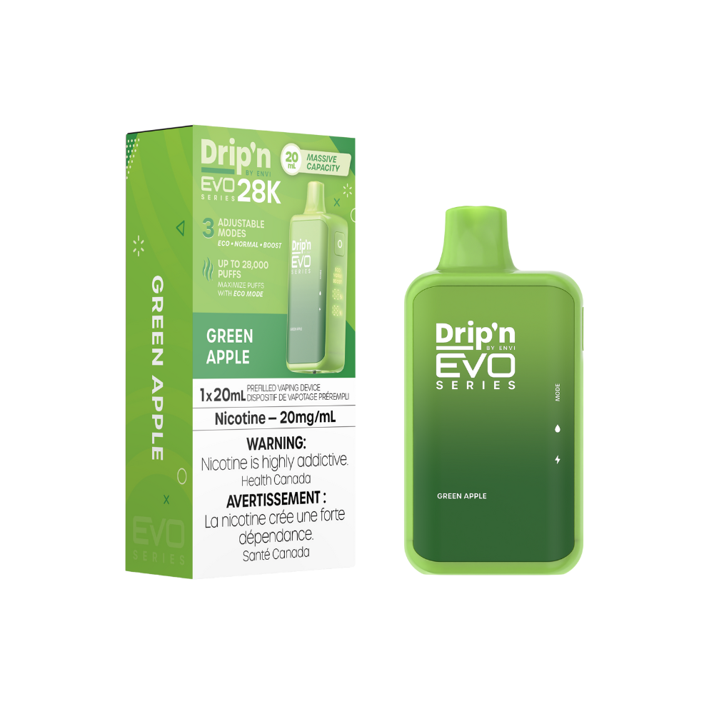 Dripin Evo 28k Puffs Green Apple Adjustable Wattage Rechargeable Disposable Vape 20Mg