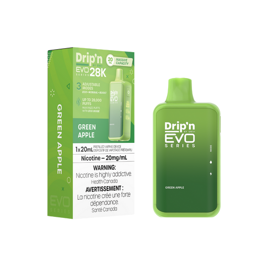 Dripin Evo 28k Puffs Green Apple Adjustable Wattage Rechargeable Disposable Vape 20Mg