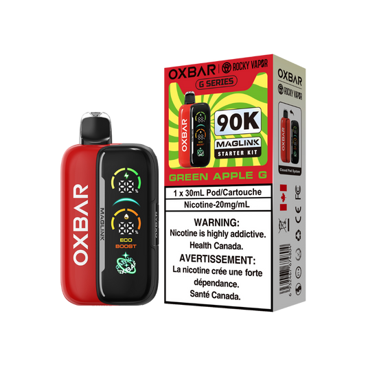 Kit de démarrage Oxbar Rocky Vapor Maglink 90K bouffées - Vape jetable rechargeable/système fermé à pod Green Apple G 20Mg