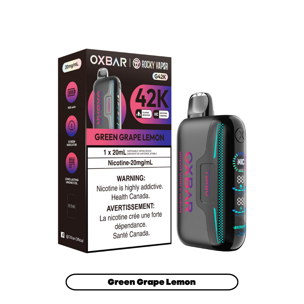 Oxbar Rocky Vapor G42k Raisin Vert Citron 42K Bouffées Nicotine Réglable Vape Jetable Rechargeable 20Mg