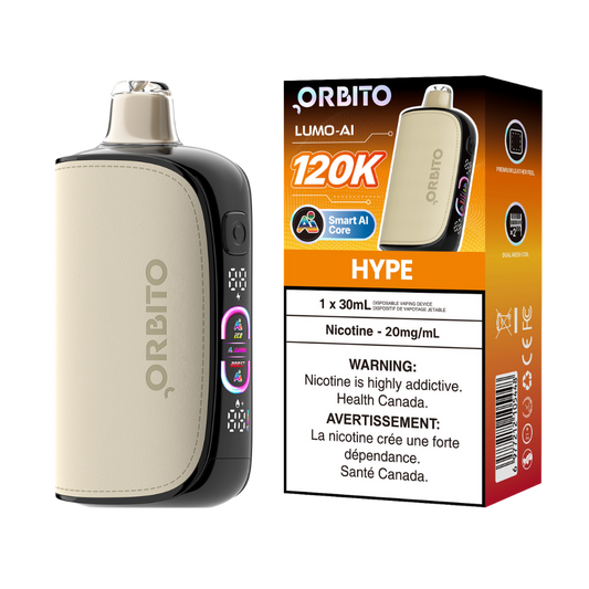 Vape jetable rechargeable Orbito Lumo AI 120k bouffées Hype 20 mg