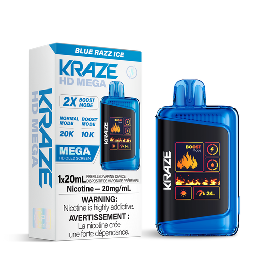 Kraze HD Mega 10K Puffs Blue Razz Ice Rechargeable Disposable Vape 20Mg