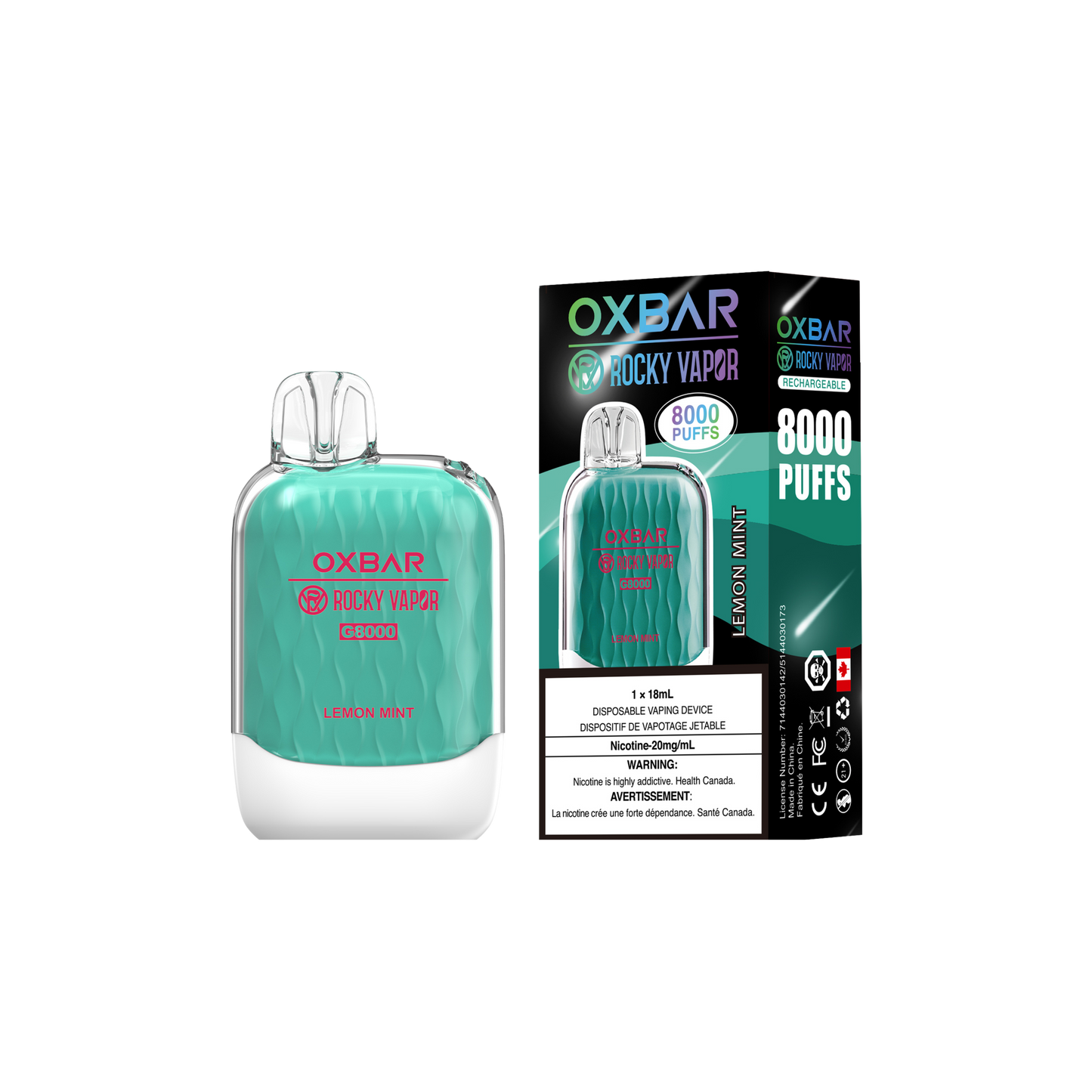 Oxbar Rocky Vapor G 8000 8000 Puffs Citron Menthe Vape Jetable Rechargeable 20Mg