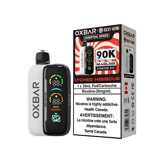 Kit de démarrage Oxbar Rocky Vapor Maglink 90K bouffées - Vape jetable/rechargeable à pod fermé Litchi Hibiscus 20Mg