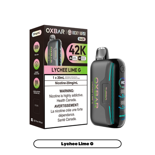 Oxbar Rocky Vapor G42k Lychee Citron Vert G 42K Bouffées Nicotine Ajustable Rechargeable Vape Jetable 20Mg