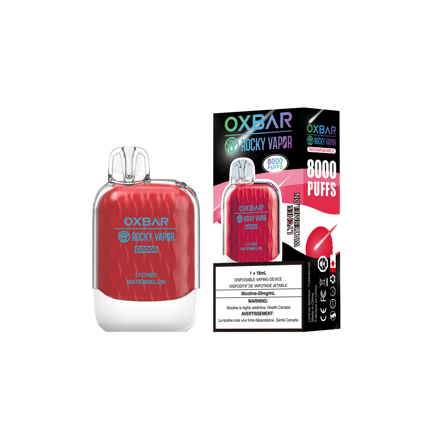 Oxbar Rocky Vapor G 8000 8000 Puffs Lychee Pastèque Vape Jetable Rechargeable 20Mg