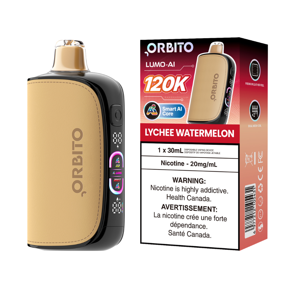 Vape jetable rechargeable Orbito Lumo AI 120k bouffées, litchi-pastèque, 20 mg