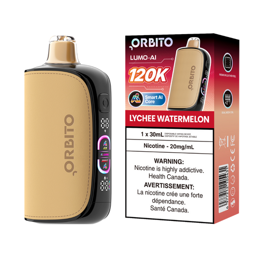 Vape jetable rechargeable Orbito Lumo AI 120k bouffées, litchi-pastèque, 20 mg