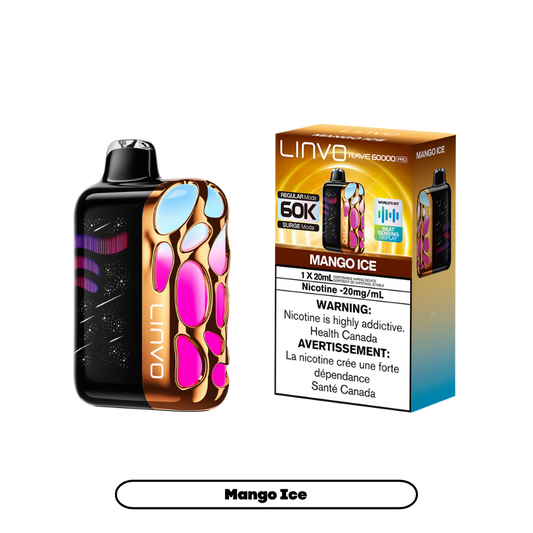 Linvo Rave 60000 Bouffées - Vape Jetable Rechargeable Mangue Glacée 20Mg