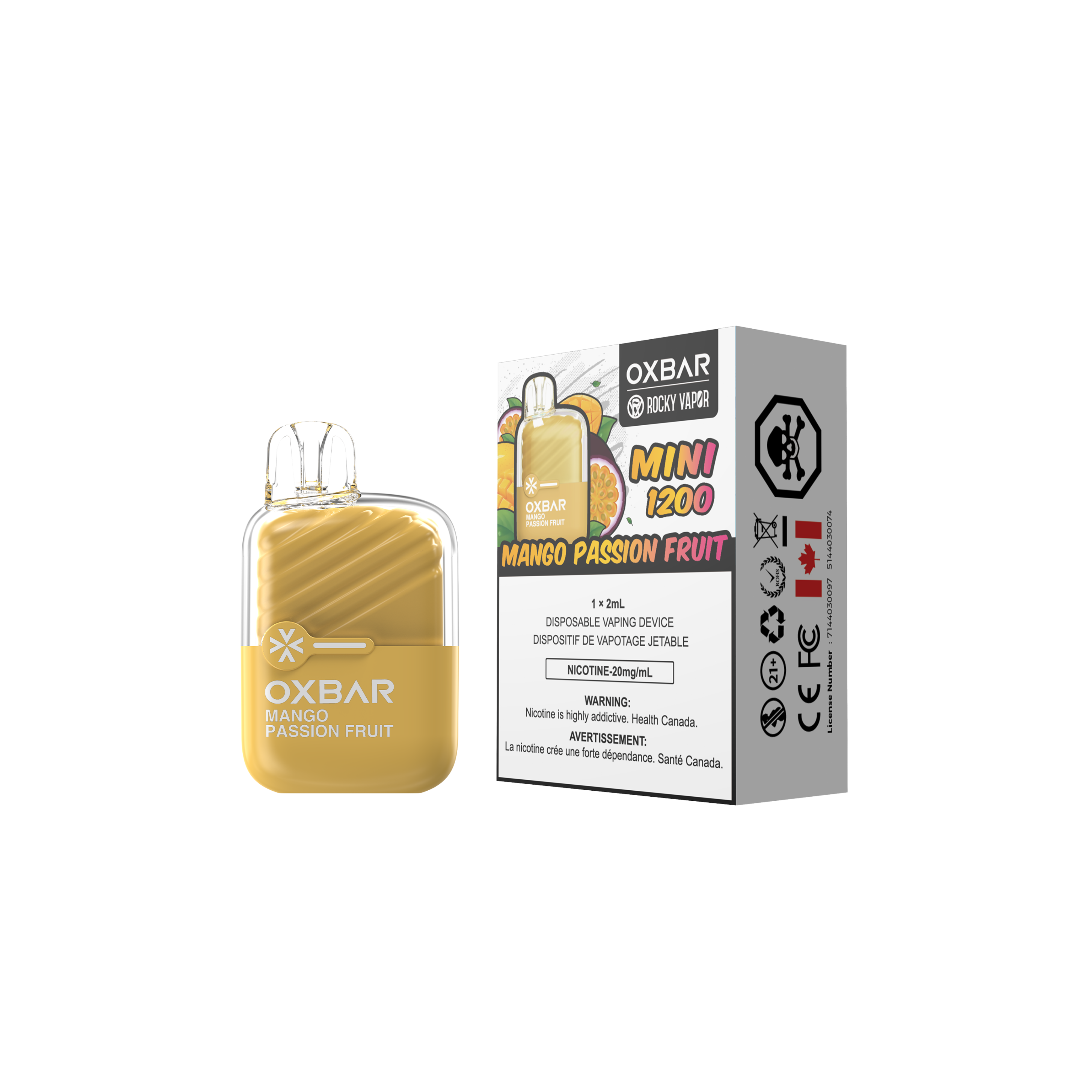 Oxbar Rocky Vapor Mini 1200 bouffées Mangue Fruit de la passion Vape jetable 20Mg