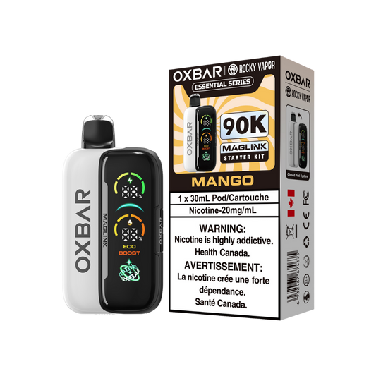 Kit de démarrage Oxbar Rocky Vapor Maglink 90K bouffées - Vape jetable rechargeable/fermé à pod Mangue 20Mg