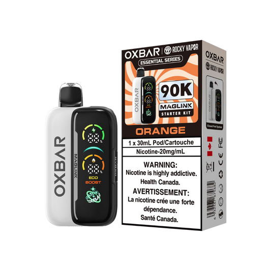 Kit de démarrage Oxbar Rocky Vapor Maglink 90K bouffées - Vape jetable rechargeable/orange système fermé à pod 20Mg