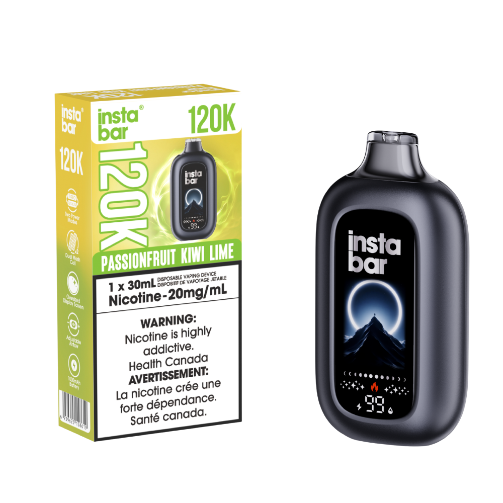 Insta Bar 120K - Vape jetable rechargeable Fruit de la passion Kiwi Citron vert 20 mg