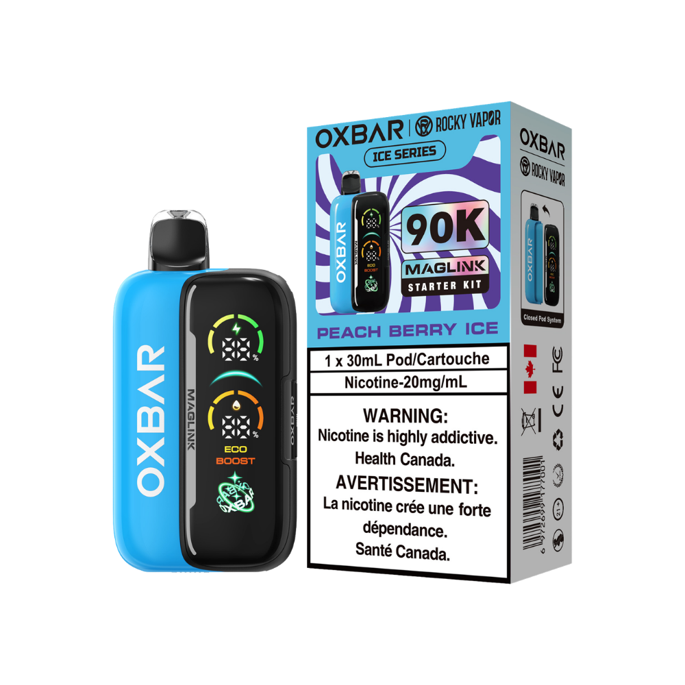 Kit de démarrage Oxbar Rocky Vapor Maglink 90 000 bouffées - Vape jetable rechargeable à système fermé de cartouches myrtille framboise 20 mg