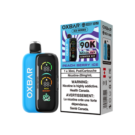 Kit de démarrage Oxbar Rocky Vapor Maglink 90 000 bouffées - Vape jetable rechargeable à système fermé de cartouches myrtille framboise 20 mg