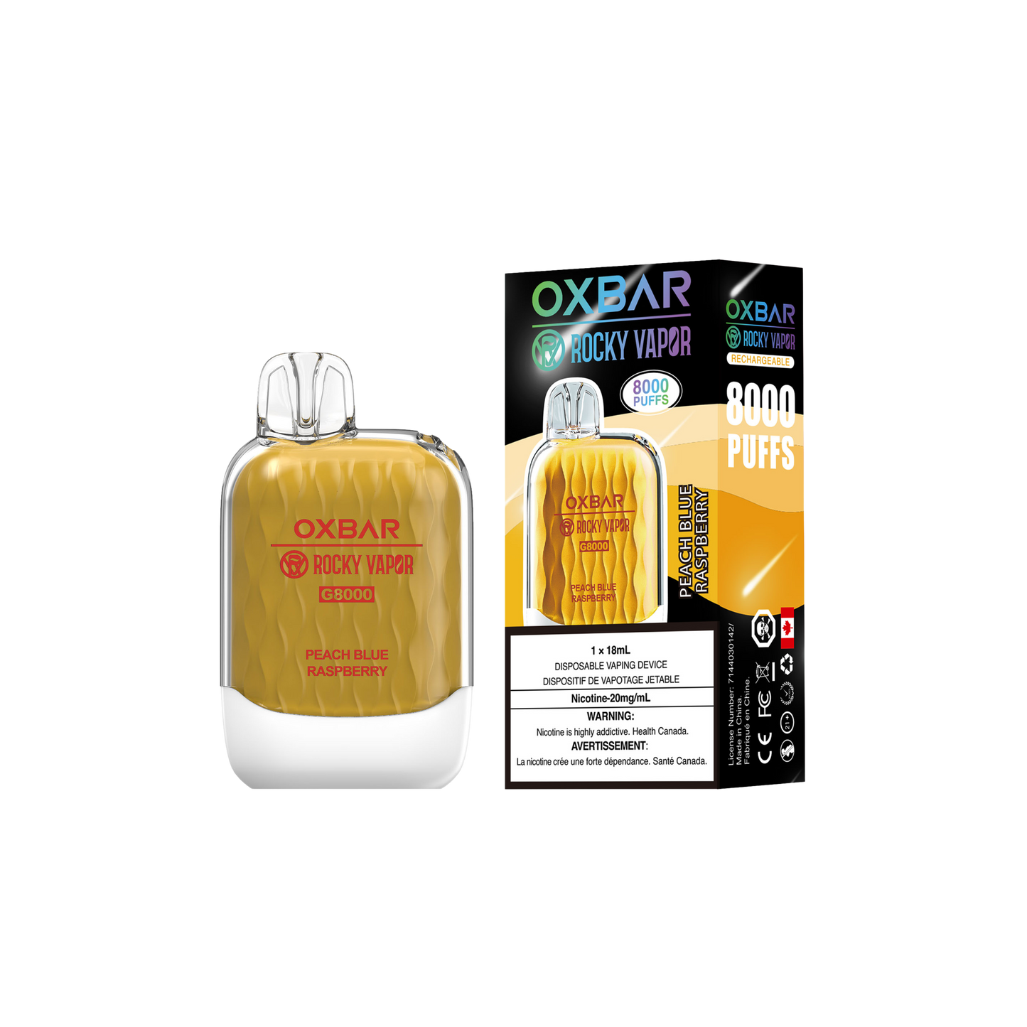 Oxbar Rocky Vapor G 8000 8000 Puffs Pêche Bleu Framboise Vape Jetable Rechargeable 20Mg