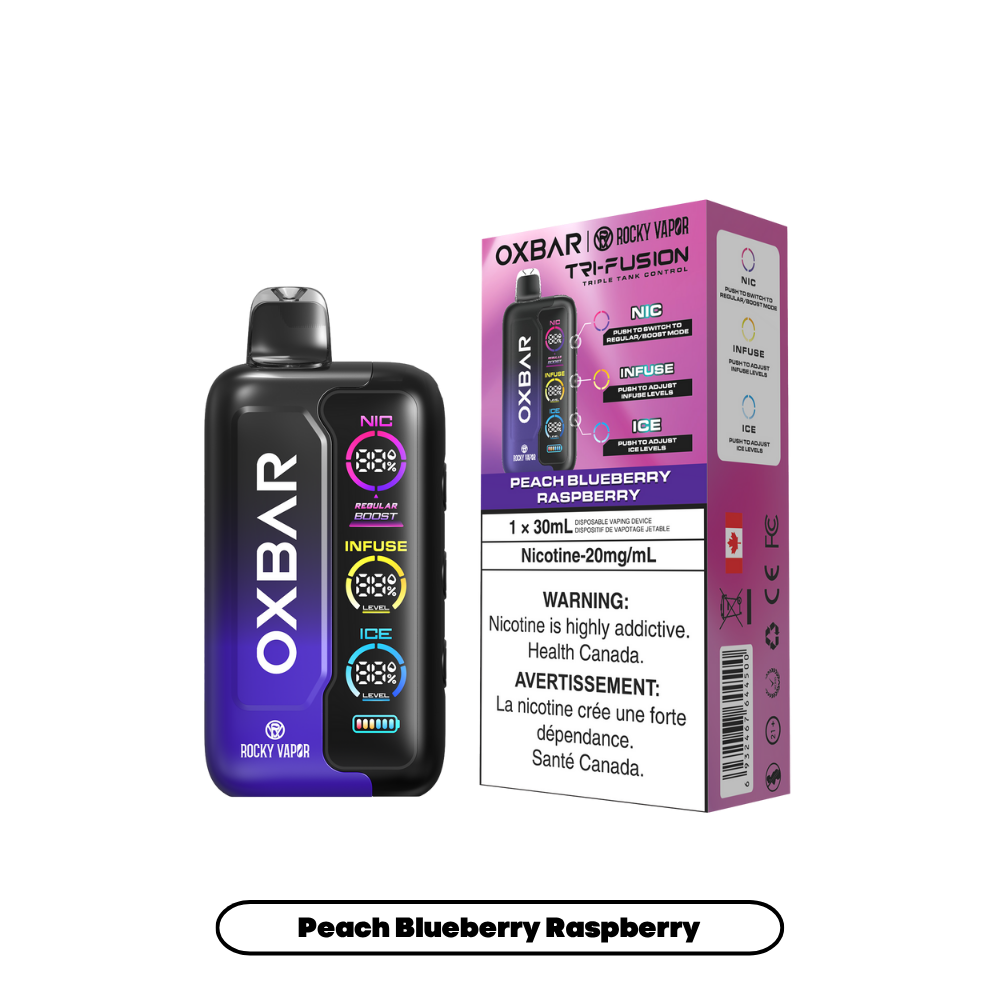 Oxbar Rocky Vapor Tri Fusion - Vape jetable rechargeable Pêche Myrtille Framboise 20 mg