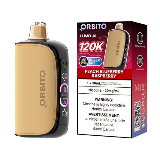 Orbito Lumo AI 120k bouffées Vape jetable rechargeable pêche myrtille framboise 20 mg