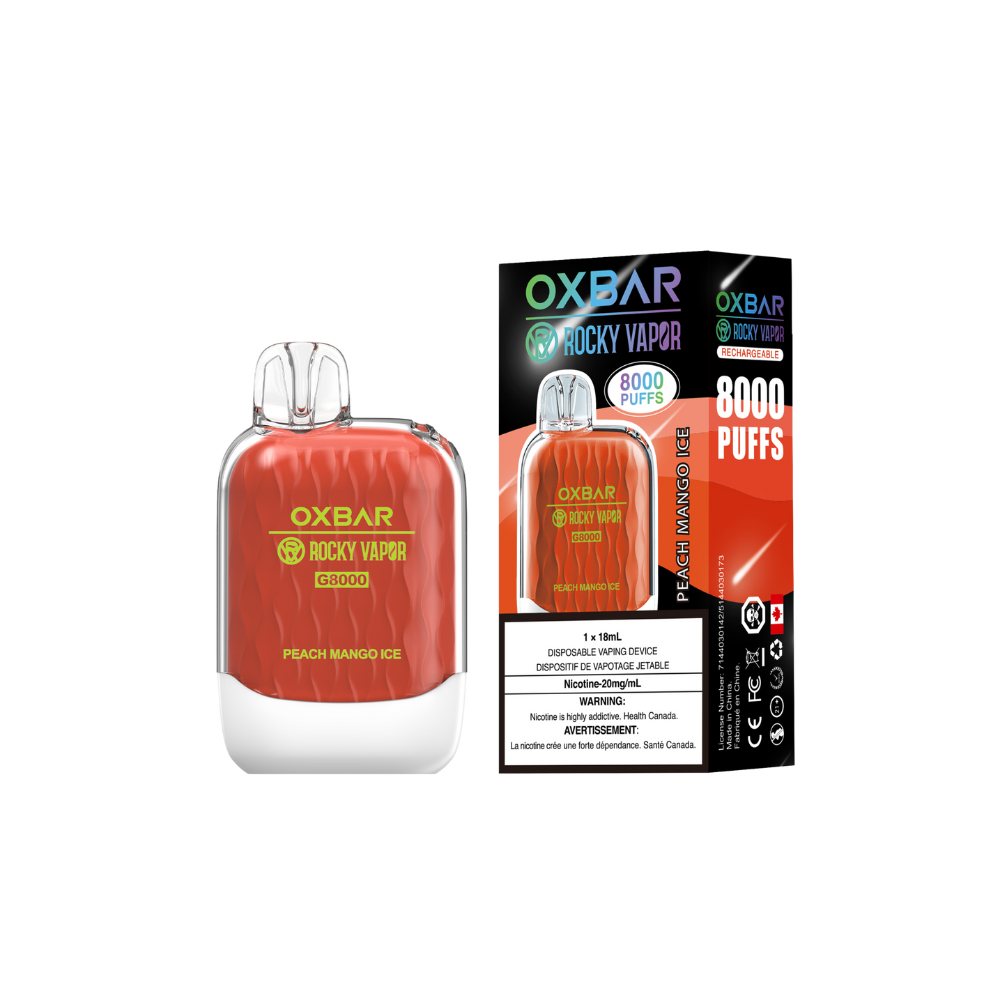 Oxbar Rocky Vapor G 8000 8000 Puffs Pêche Mangue Glace Vape Jetable Rechargeable 20Mg