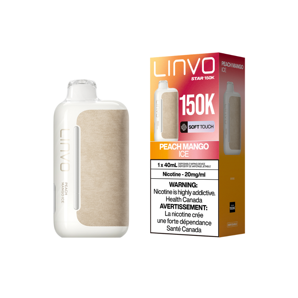 Vape jetable rechargeable Linvo Star 150K bouffées, pêche, mangue et fraîcheur, 20 mg