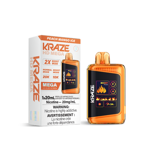Kraze HD Mega 20K Puffs Peach Mango Ice Rechargeable Disposable Vape 20Mg