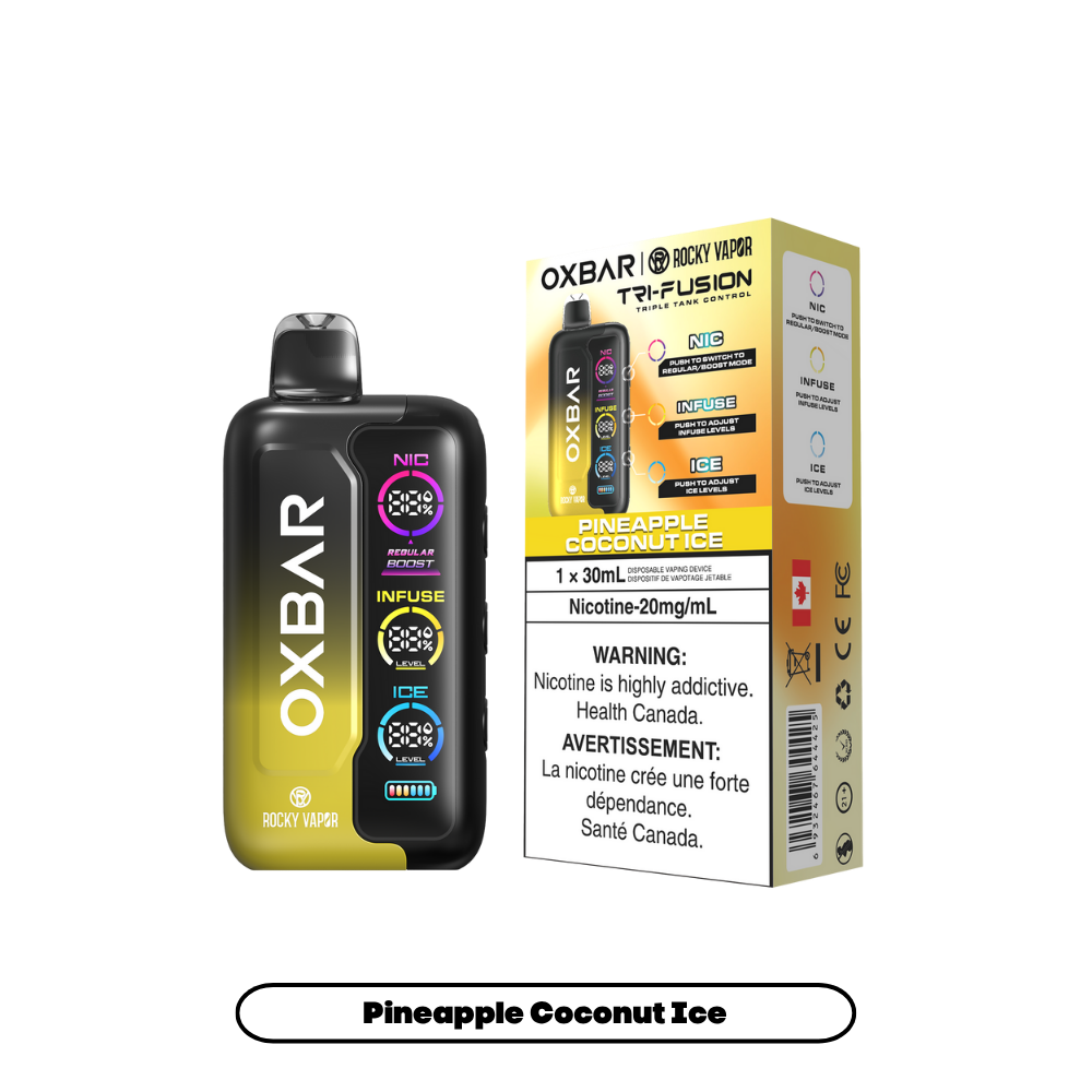 Oxbar Rocky Vapor Tri Fusion - Pineapple Coconut Ice Rechargeable Disposable Vape 20Mg