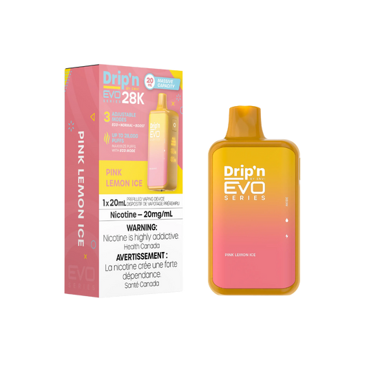 Dripin Evo 28k Puffs Pink Lemon Adjustable Wattage Rechargeable Disposable Vape 20Mg