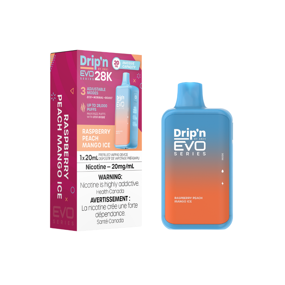 Dripin Evo 28k Puffs Raspberry Peach Mango Ice Adjustable Wattage Rechargeable Disposable Vape 20Mg