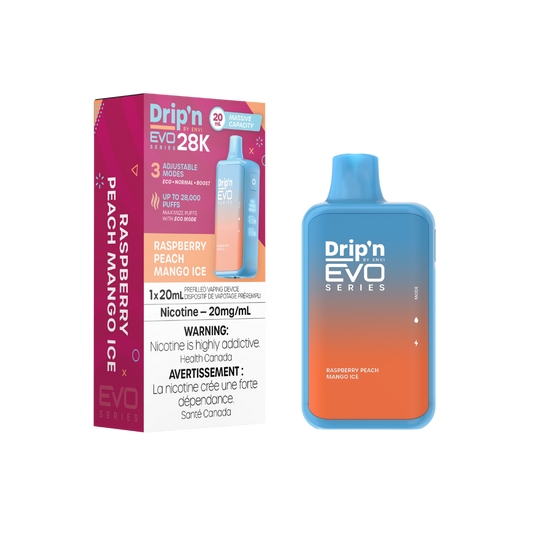 Dripin Evo 28k Puffs Raspberry Peach Mango Ice Adjustable Wattage Rechargeable Disposable Vape 20Mg