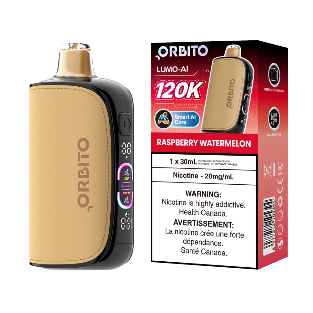 Vape jetable rechargeable Orbito Lumo AI 120k bouffées Framboise Pastèque 20 mg