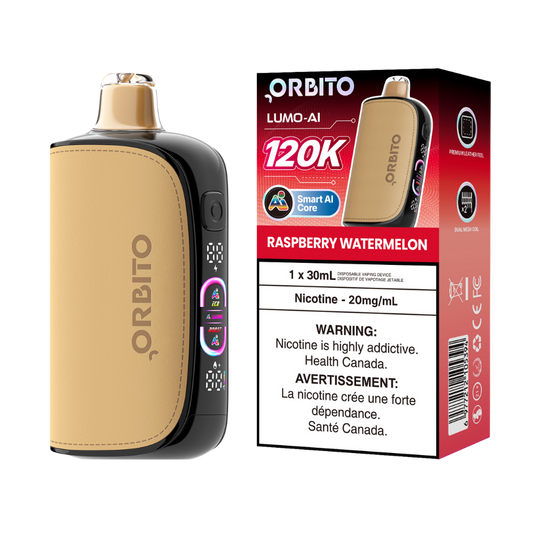 Vape jetable rechargeable Orbito Lumo AI 120k bouffées Framboise Pastèque 20 mg